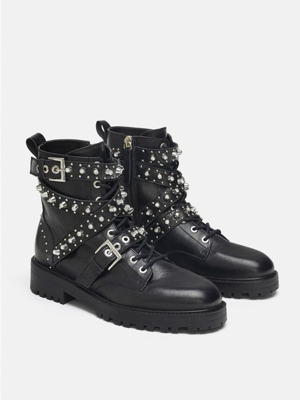 Zara Black Studded Leather Combat Boots New without tags